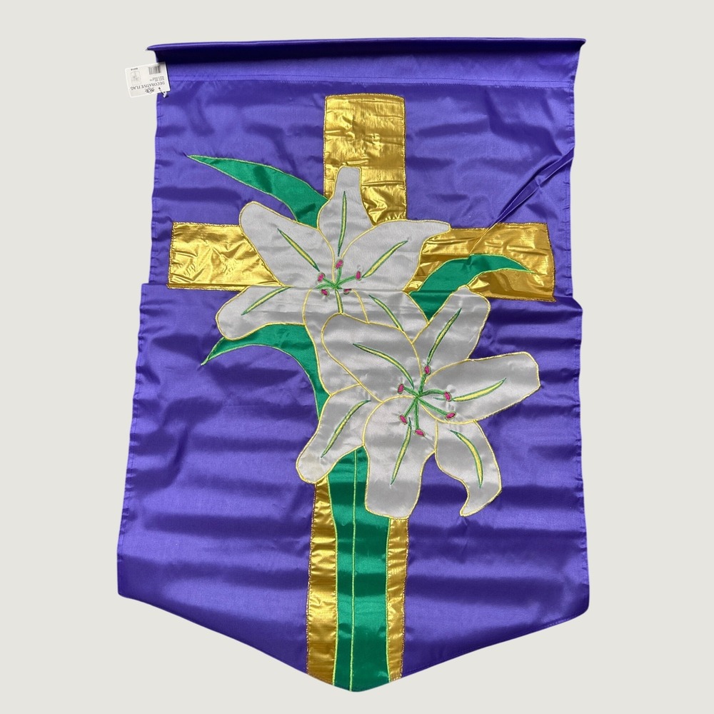 Garden Flag 42x28 Purple Easter Lily‎ Gold Cross Spring Embroidered 1996 Vtg NWT